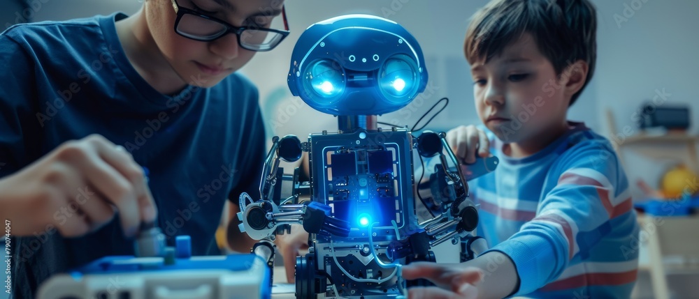 Poster a teacher and students work on a school science project using a programmable robot with led lighting