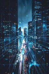 Fototapeta premium A sleek, futuristic cityscape with shimmering skyscrapers reaching towards a digital sky for technology background