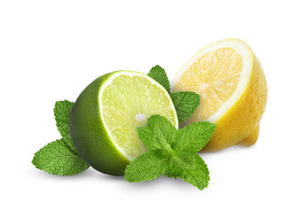 Fresh lime, lemon and mint isolated on white