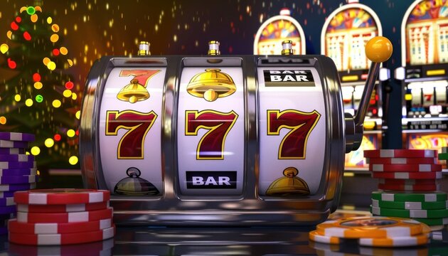 A festive slot machine with a Christmas tree and poker chips in the background - Powered by Adobe