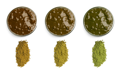 Set with henna paste and powder of different colors isolated on white, top view