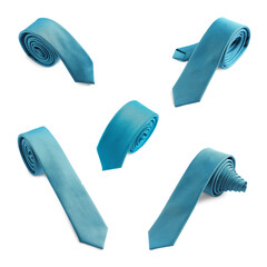 Light blue tie isolated on white, collage. Stylish accessory