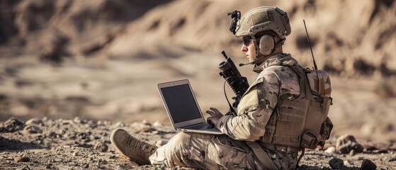 The soldier communicates during military operations in the desert using his laptop computer and radio. - obrazy, fototapety, plakaty