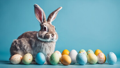 Illustration of a small rabbit with Easter eggs on a colored background.