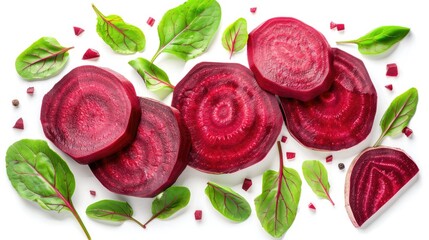 Red beetroot slices with leaves on white background