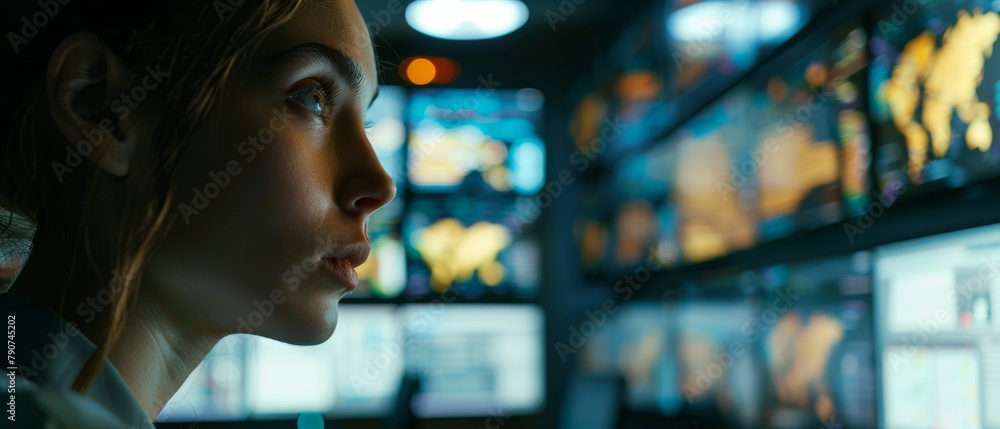 Poster image of an it engineer working on multiple displays in a monitoring room.