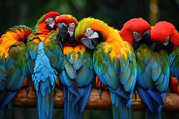 A group of colorful parrots snuggling together