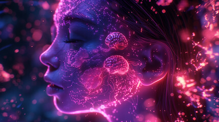 Female brains lives dreams in a fairy with neon style.