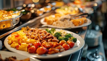 Variety of dishes on buffet line salads, vegetables, produce, and more