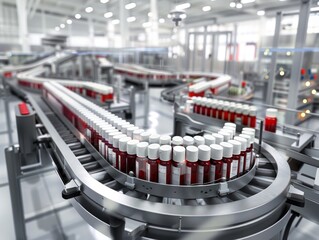 Sleek pharmaceutical production line with a seamless flow of bottles