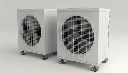 Two home appliances, white air conditioners on wheels, placed on white surface
