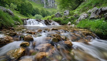 Fototapeta premium A river meandering through a verdant forest with a distant waterfall
