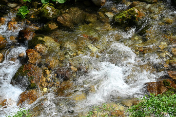 Crystal clear mountain water. Water flowing. 