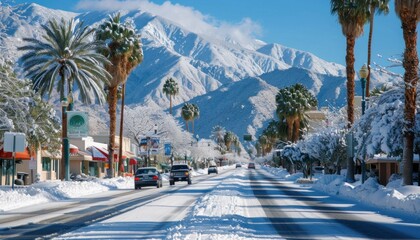 Snowy street with palm trees, mountains in background, under a clear sky