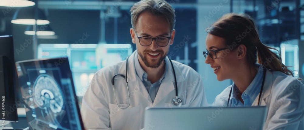 Poster an image of two engineers in high tech research offices casually chatting on a laptop, analyzing and