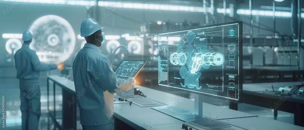 Poster using a tablet computer, two industrial engineers visualize a 3d model of a clean green energy engin