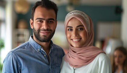Fototapeta premium a man and a woman are posing for a picture together . the woman is wearing a hijab