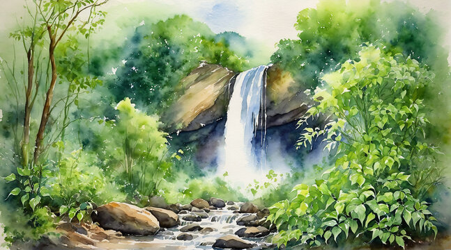 Waterfall in the dense forest surrounded by green bush, watercolor painting style, generative AI.