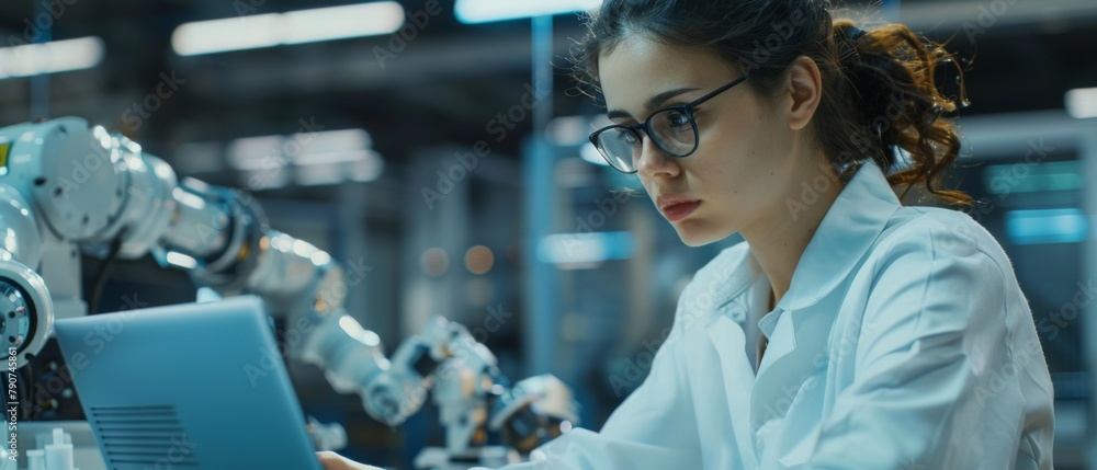 Poster photograph of a female scientist manipulating and programming a robot in a high tech factory. roboti