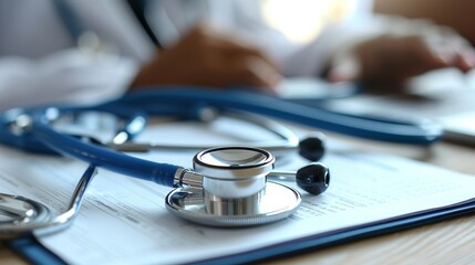 Close-up of stethoscope and paper on background of doctor and patient hands