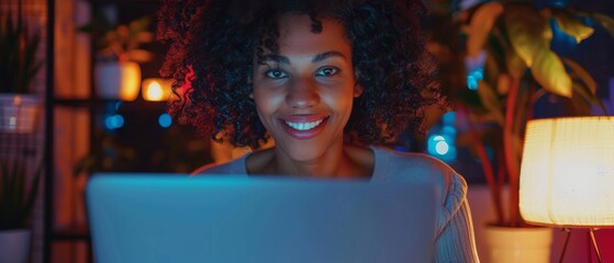 During the evening, a happy successful businesswoman is using her laptop computer to surf the internet and check funny memes on social media. - obrazy, fototapety, plakaty