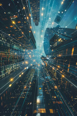 Obraz premium A sleek, futuristic cityscape with shimmering skyscrapers reaching towards a digital sky for technology background