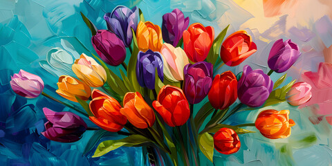   A painting of multi colors tulips flowers bouquet Celebrate Easter and Mother s Day with a vibrant spring greetings card featuring beautiful tulips , each bloom standing background. 