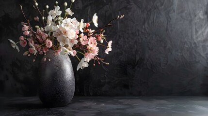 Closeup of modern vase with white and pink flowers with copy space on the right placed on a dark background - Powered by Adobe
