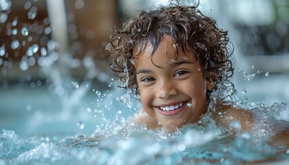 Obraz premium Toddler happily swimming in pool, laughing and having fun in the water