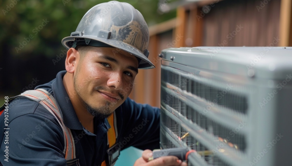 Poster engineer in hard hat smiling while working on air conditioner at building site