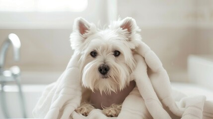 Cute West Highland White Terrier dog after bath. Dog wrapped in towel. Pet grooming concept. Copy Space. Place for text. High quality photo