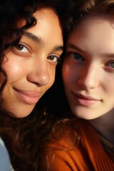 Vertical portrait of two multiracial friends. They press face to face. Generative AI.