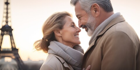Happy seniors couple on travel holiday in Paris with the Eiffel tower in the background. Generative AI.