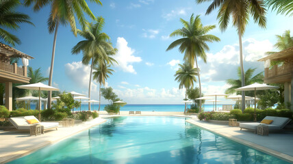 Obraz premium a tropical beach oasis with palm trees swaying gently in the warm breeze, crystal-clear turquoise waters lapping against the shore