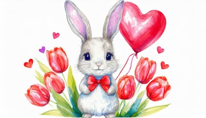 Adorable watercolor cartoon Bunny, rabbit With Heart Balloons and Tulips.