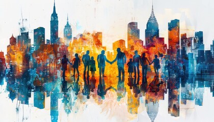 Artistic city skyline painting with people holding hands in front of skyscrapers - obrazy, fototapety, plakaty