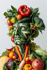 Man made of vegetables and fruits on a clean background. Healthy lifestyle, Generative AI.