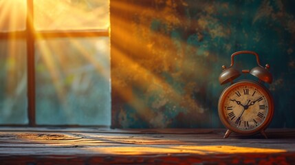 Rustic wooden table with alarm clock in front of window with sunlight streaming in