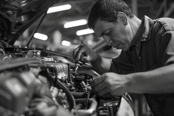 Man Repairing Car Engine in Garage - obrazy, fototapety, plakaty