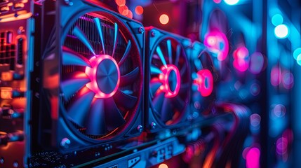 Close-up of high-performance computer graphics cards with LED-lit cooling fans inside a modern gaming PC.