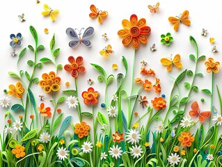 Vibrant quilling art depicting a garden with flowers and fluttering butterflies, perfect for creative backgrounds.