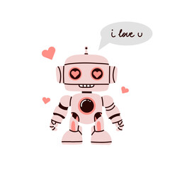 Fototapeta premium Cute robot. Chat bot mascot, AI symbol, artificial intelligence, support funny character face. Robotic technology mechanical android modern and vintage style vector cartoon flat isolated illustration