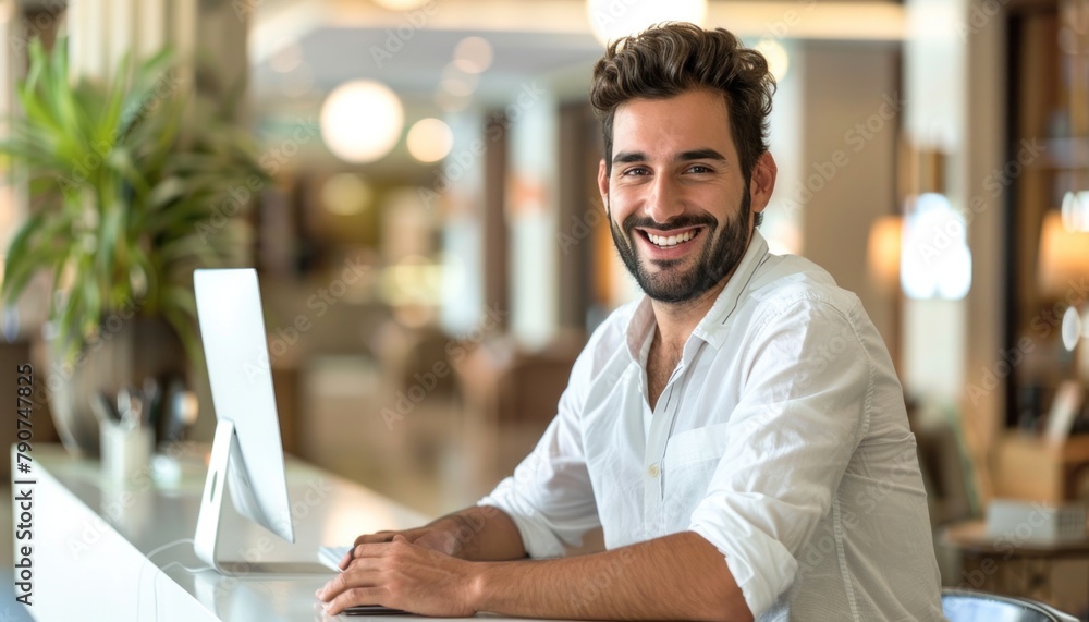 Aufkleber a man is sitting at a desk in front of a computer and smiling