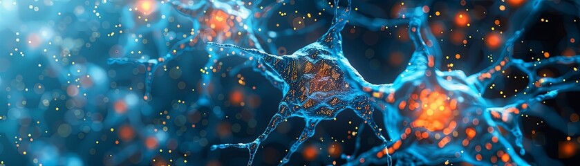 The intricate dance of a neuronal network is captured in this image, where synaptic activity sparks through connections, mirroring the complexities of the human brain. - obrazy, fototapety, plakaty