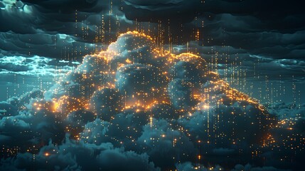 Storm clouds illuminated by glowing streams of data, visualizing the flow of information in a digital cloud during a data storm.