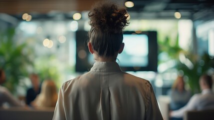 Female Business Leader Addressing a Team in a Modern Office with Greenery
