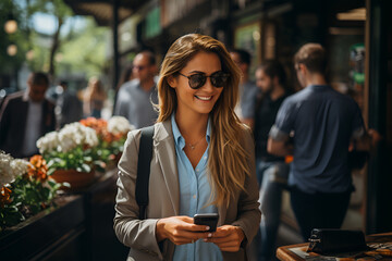 A young slender girl in sunglasses and a yellow shirt holds a mobile phone in her hands and looks attentively. Fingers works in the device.