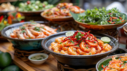 An assortment of shrimp dishes presented in rustic bowls on a wooden table, garnished with herbs and chili.