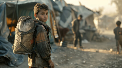 A lonely boy with a backpack came to the refugee camp. The boy is wearing a dirty shirt, and he is tired