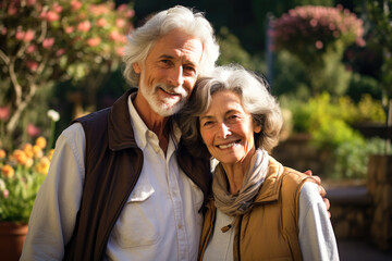 Happy Affectionate Grey Haired Elderly Couple with Bright Smiles in a Flower Garden